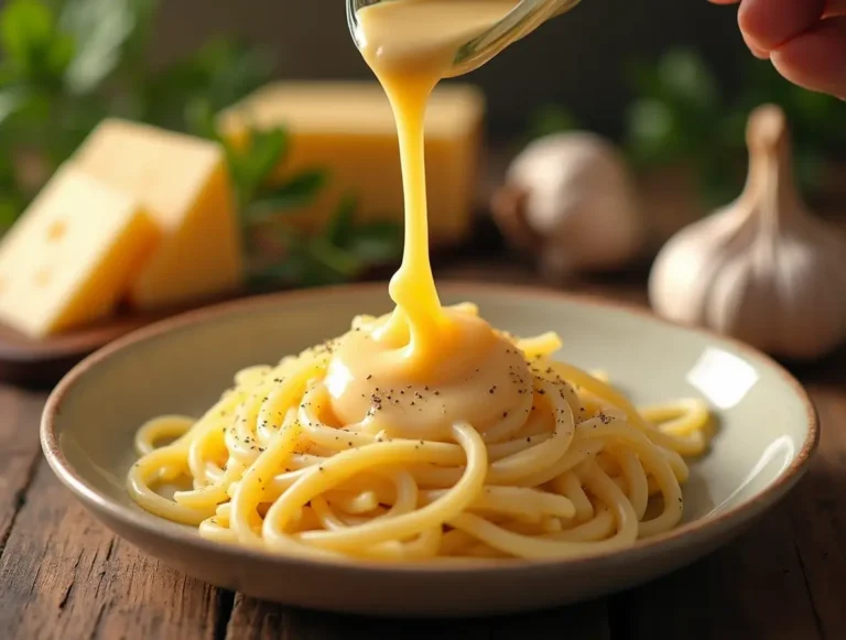 Parmesan cream sauce poured over a plate of pasta, garnished with fresh herbs