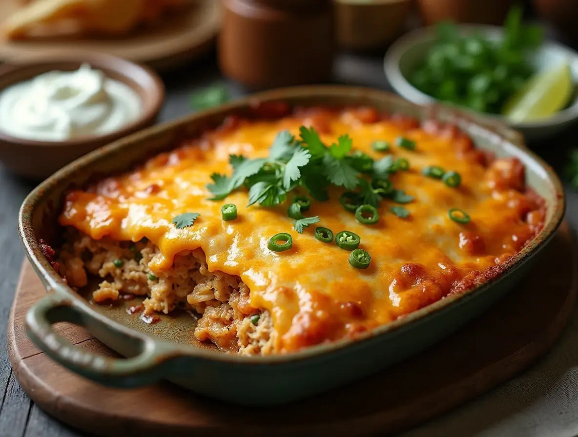 Freshly baked green chili enchilada casserole with cheese, chicken, and green chilies in a rustic kitchen setting