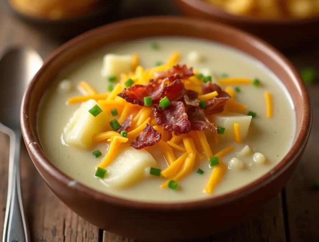 A comforting bowl of Bennigan’s Potato Soup with cheddar cheese, crispy bacon, and green onions