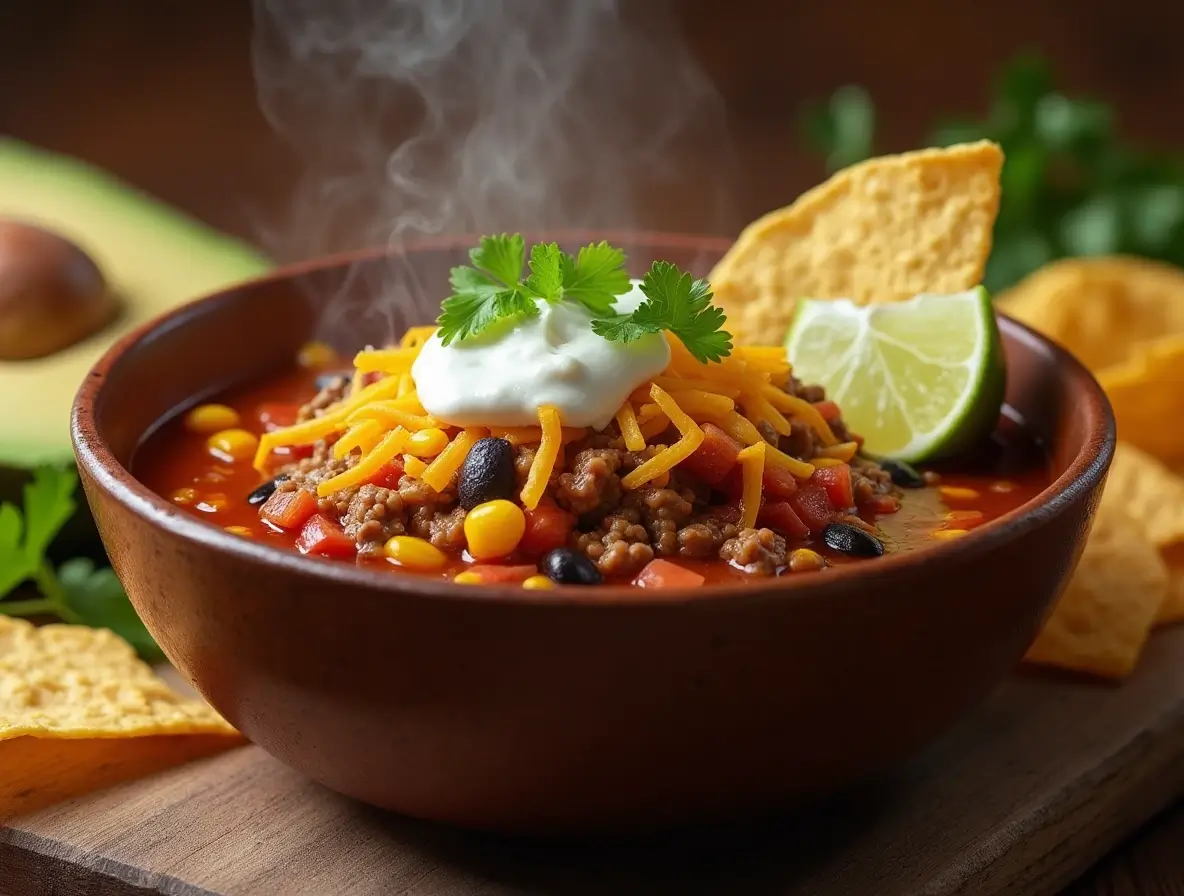 Delicious taco soup recipes served with shredded cheese, cilantro, sour cream, and avocado slices, with tortilla chips on the side