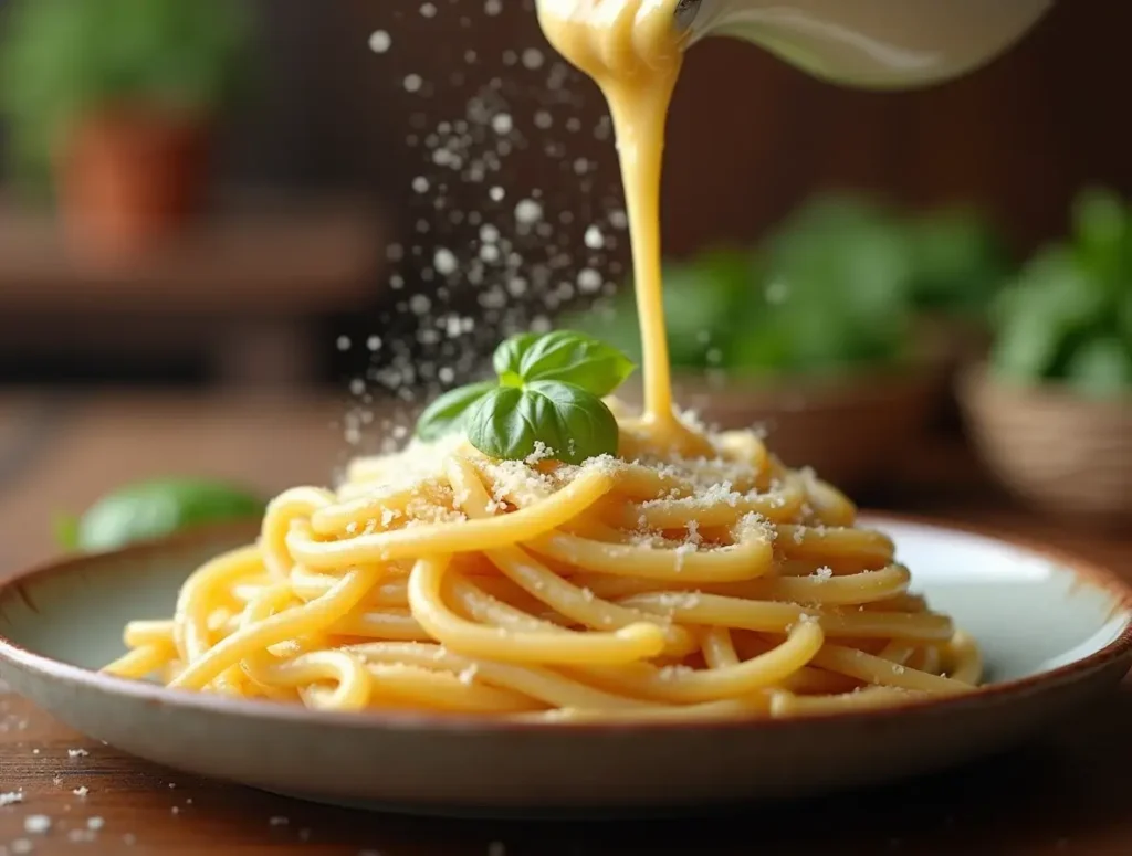 Plate of spaghetti with creamy parmesan pasta sauce topped with fresh basil