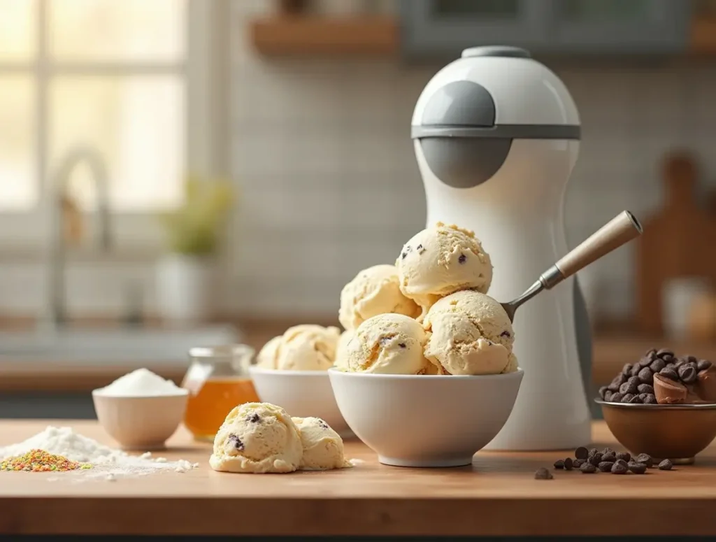 Making ice cream at home with ingredients like heavy cream, sugar, and vanilla in a cozy kitchen.