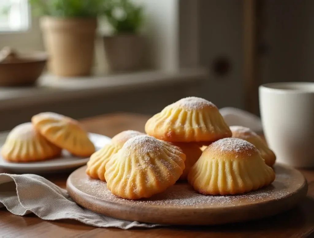 Freshly baked madeleine cookies from a madeleine cookie recipe, dusted with powdered sugar and paired with a cup of tea.