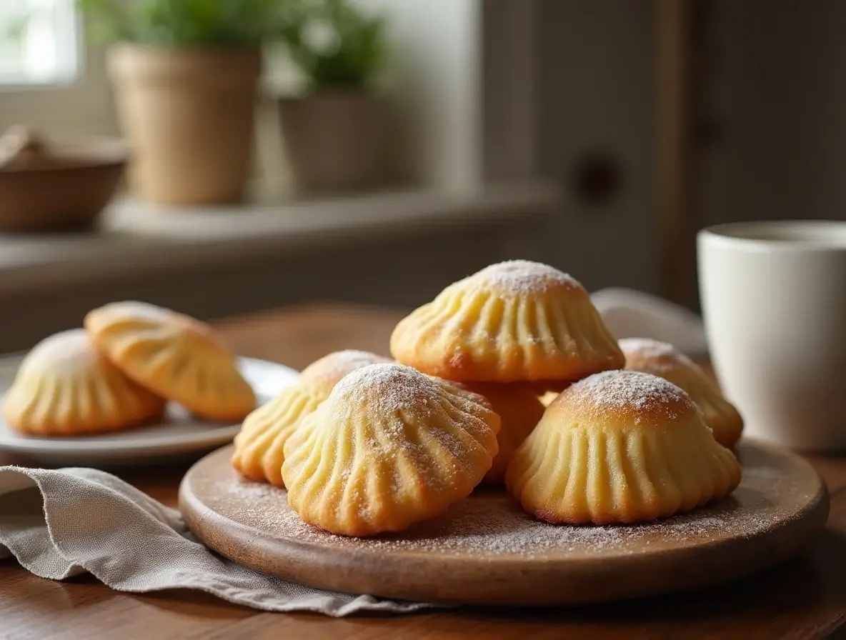 Freshly baked madeleine cookies from a madeleine cookie recipe, dusted with powdered sugar and paired with a cup of tea.