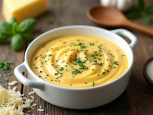 Creamy Parmesan Sauce served in a white bowl with fresh herbs, garlic, and parmesan cheese