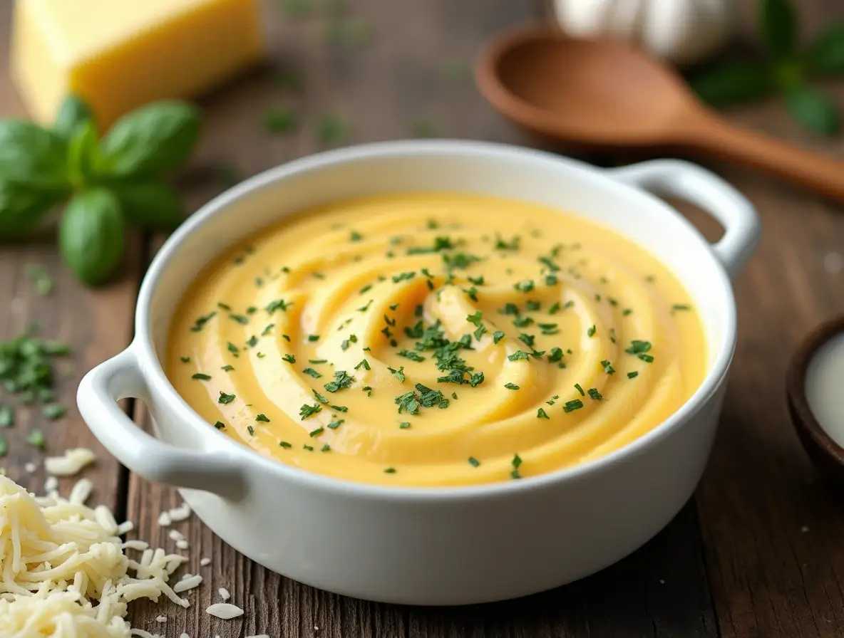 Creamy Parmesan Sauce served in a white bowl with fresh herbs, garlic, and parmesan cheese