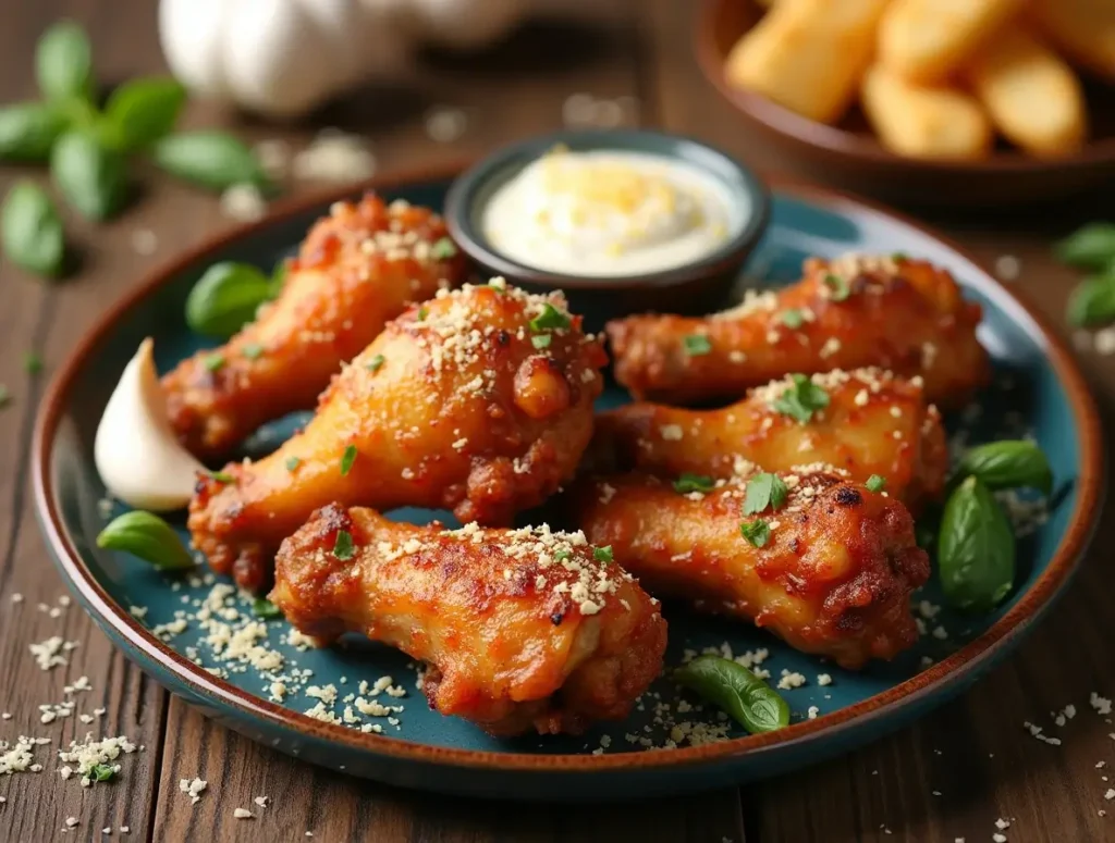 Delicious garlic parmesan cheese dishes including chicken wings, dipping sauce, and breadsticks