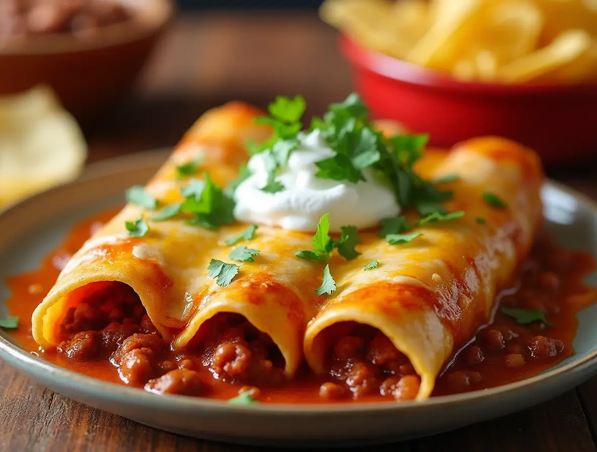 Delicious Wolf Brand Chili Enchiladas topped with melted cheese, cilantro, and sour cream