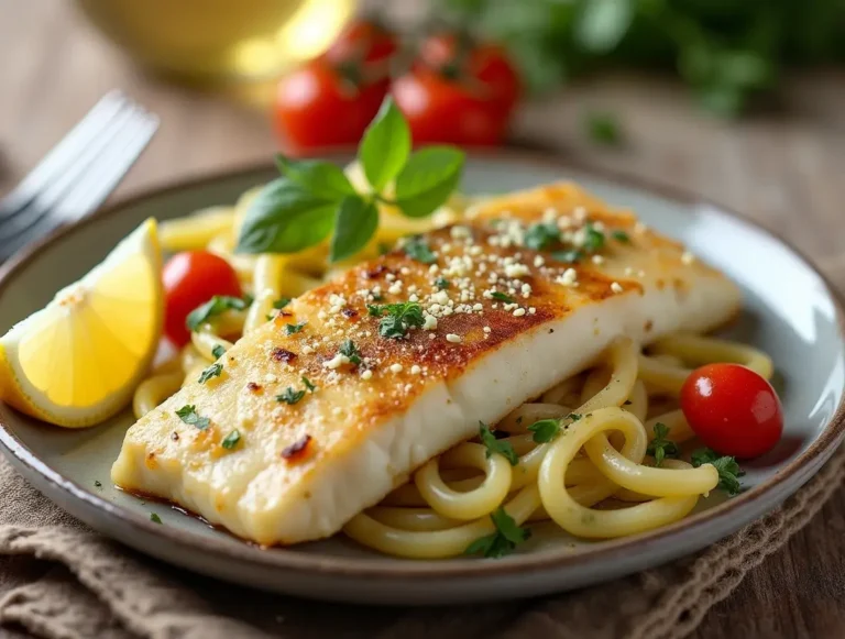 Delicious halibut and pasta dish with garlic, lemon, and fresh herbs