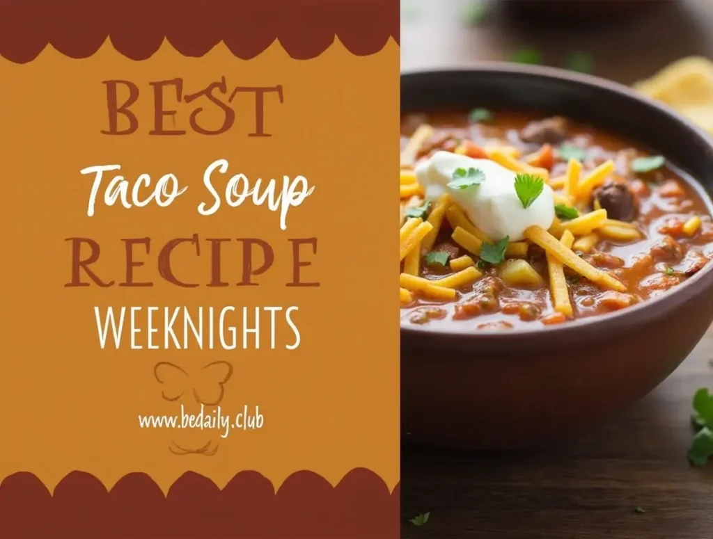 Bowl of taco soup recipe topped with cheese, sour cream, and tortilla chips for a cozy weeknight dinner