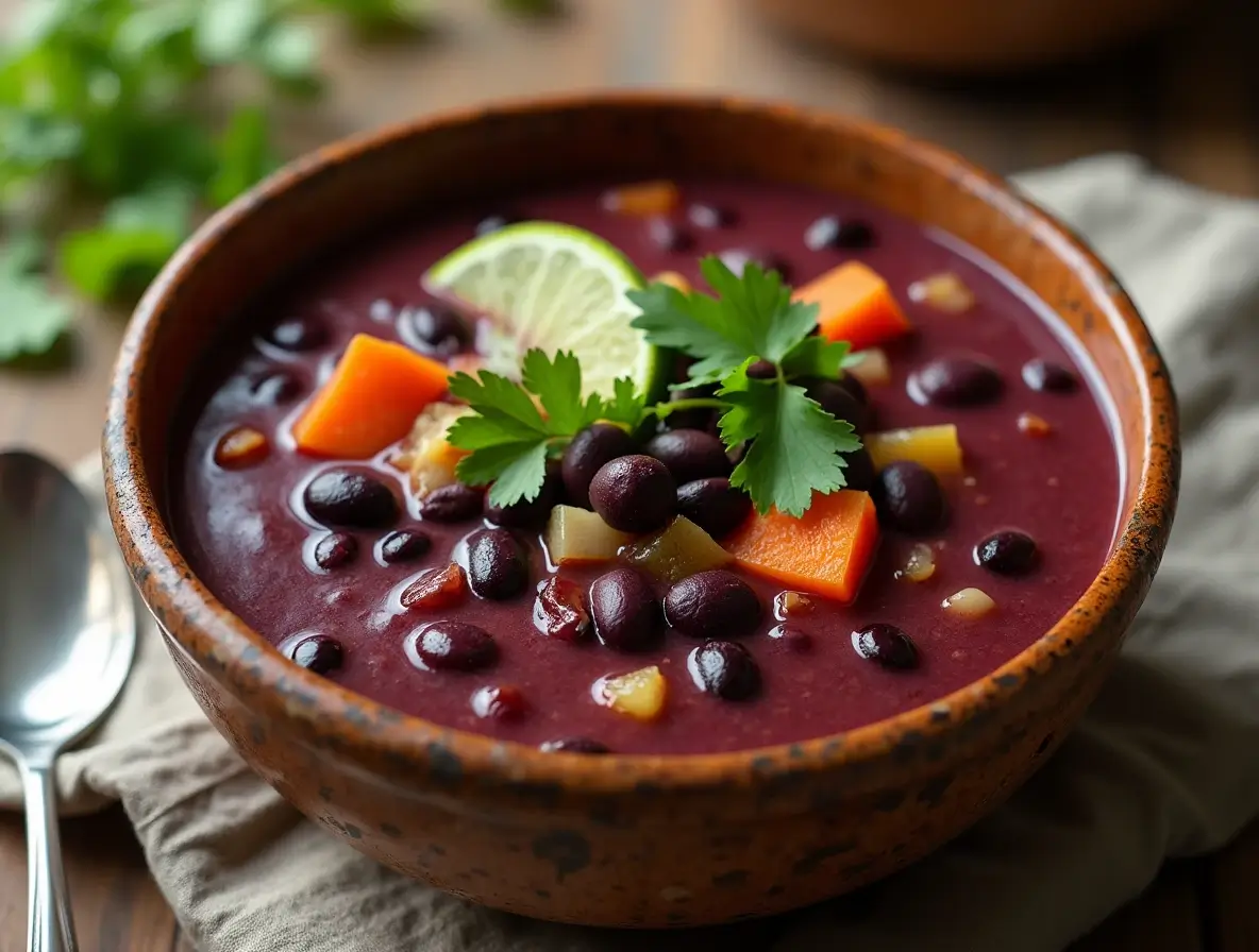 Delicious bowl of purple black bean soup recipe garnished with cilantro and lime wedges.