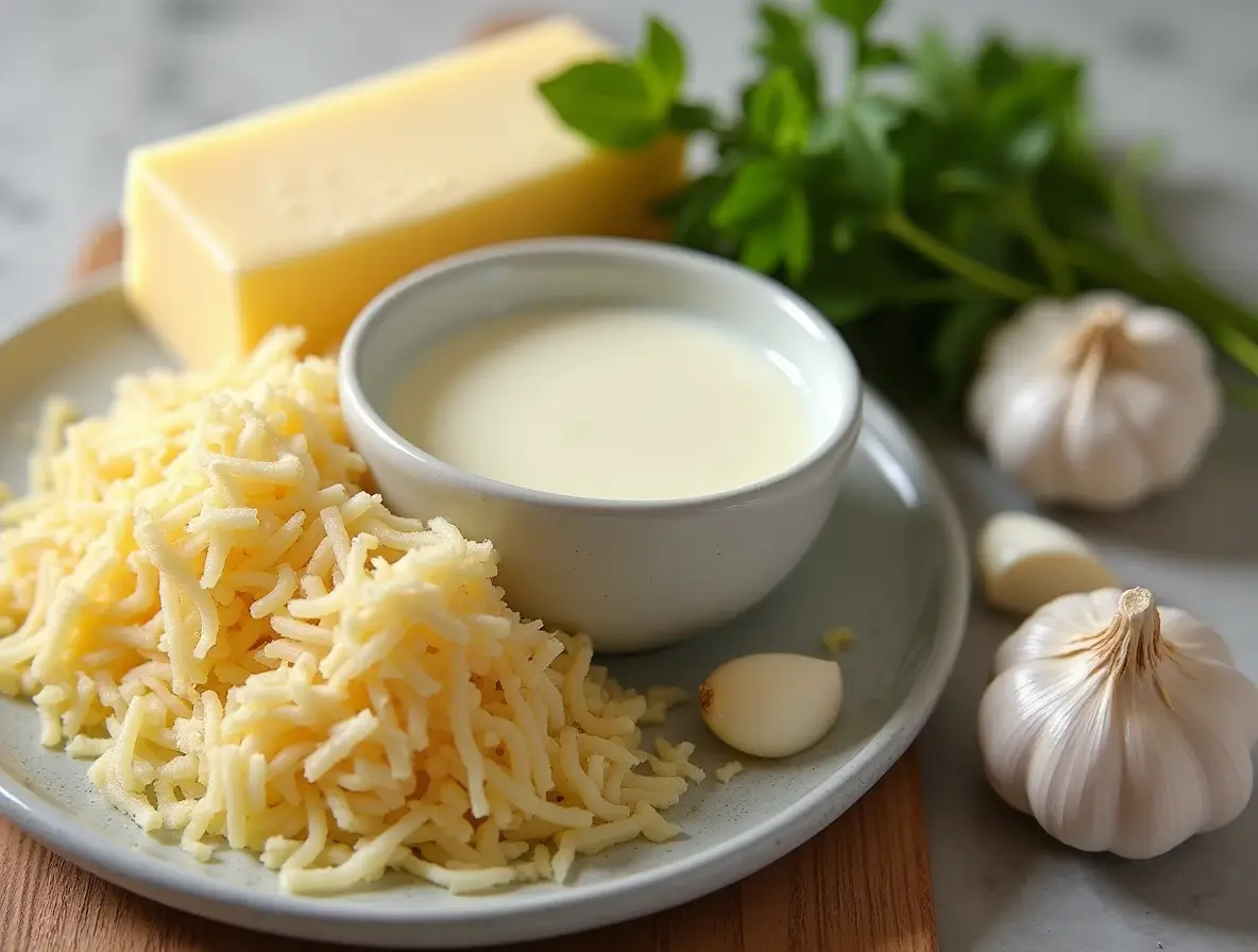 Key ingredients for parmesan cream sauce: freshly grated parmesan cheese, heavy cream, butter, garlic, and fresh herbs