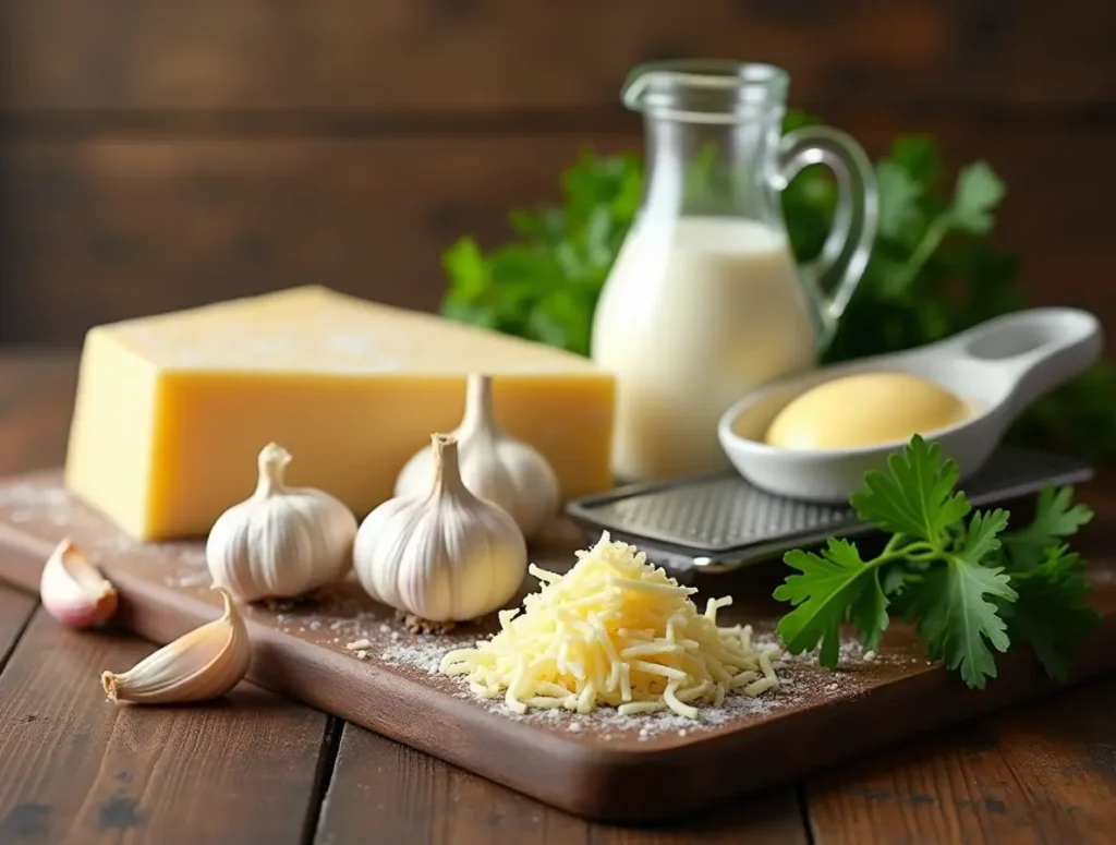 Fresh ingredients for creamy garlic parmesan sauce, including garlic cloves, parmesan cheese, heavy cream, butter, and parsley, arranged on a rustic wooden table