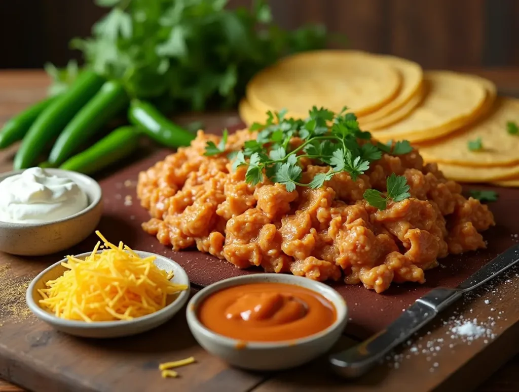 Ingredients for green chili enchilada casserole including green chilies, shredded chicken, tortillas, cheese, and enchilada sauce