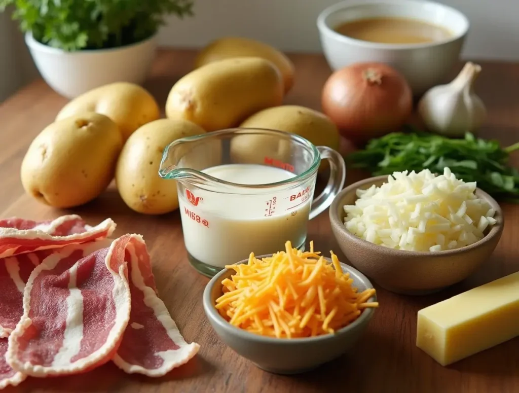 Fresh ingredients for Bennigan’s Potato Soup recipe, including potatoes, bacon, cheese, and garlic