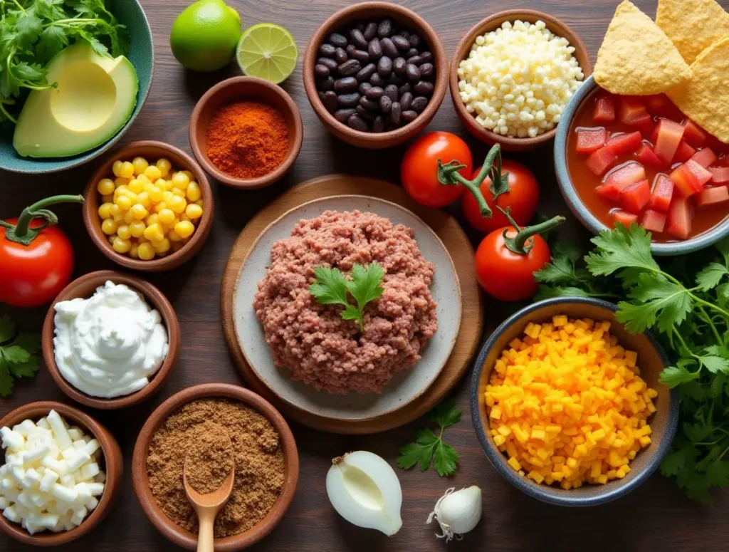 Fresh ingredients for taco soup recipes, including ground beef, black beans, corn, diced tomatoes, taco seasoning, onion, garlic, avocado, shredded cheese, and tortilla chips