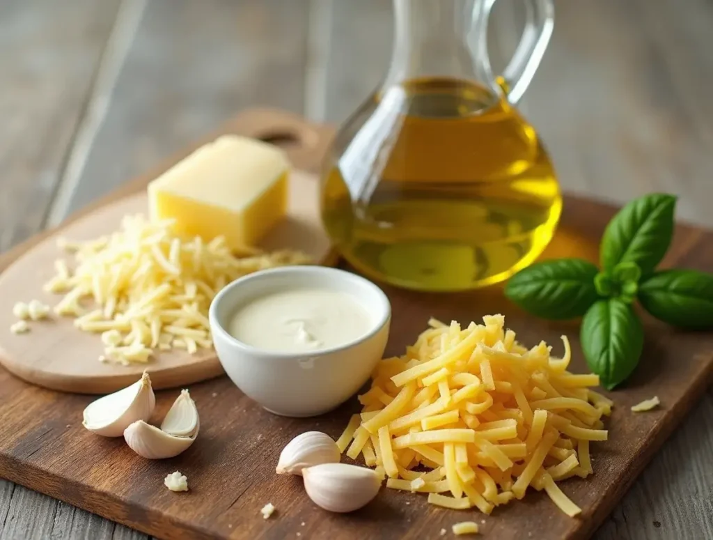 Ingredients for parmesan pasta sauce: Parmesan cheese, heavy cream, butter, garlic, olive oil, and fresh basil