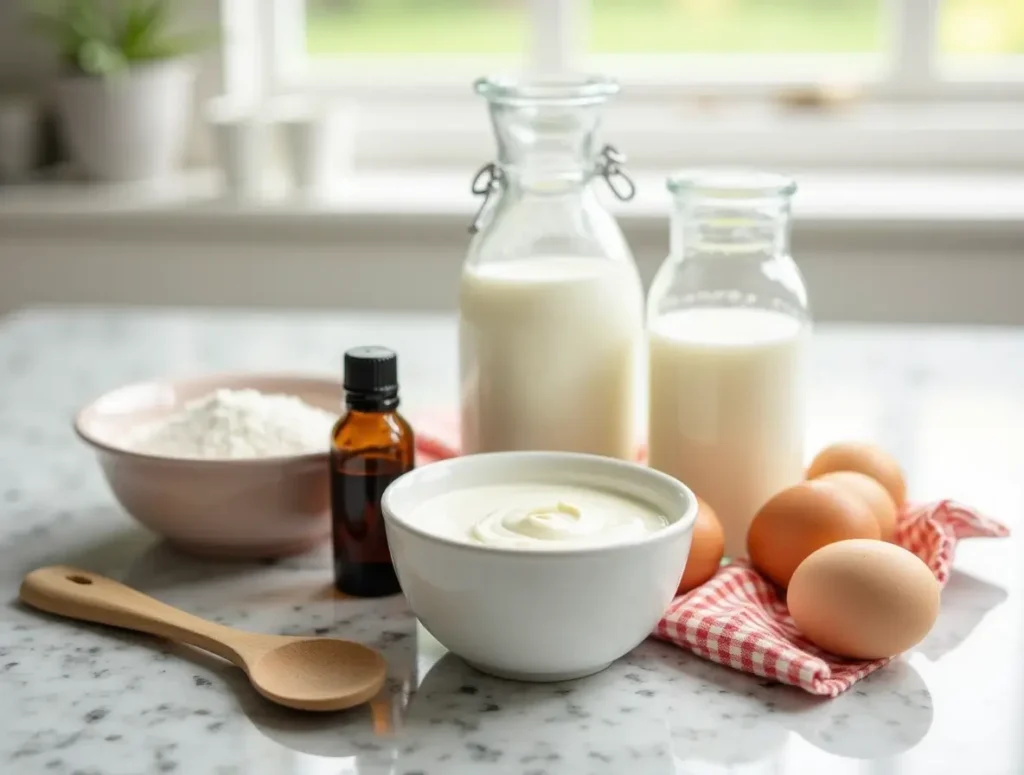 Ingredients for making ice cream at home, including heavy cream, milk, sugar, vanilla extract, and eggs