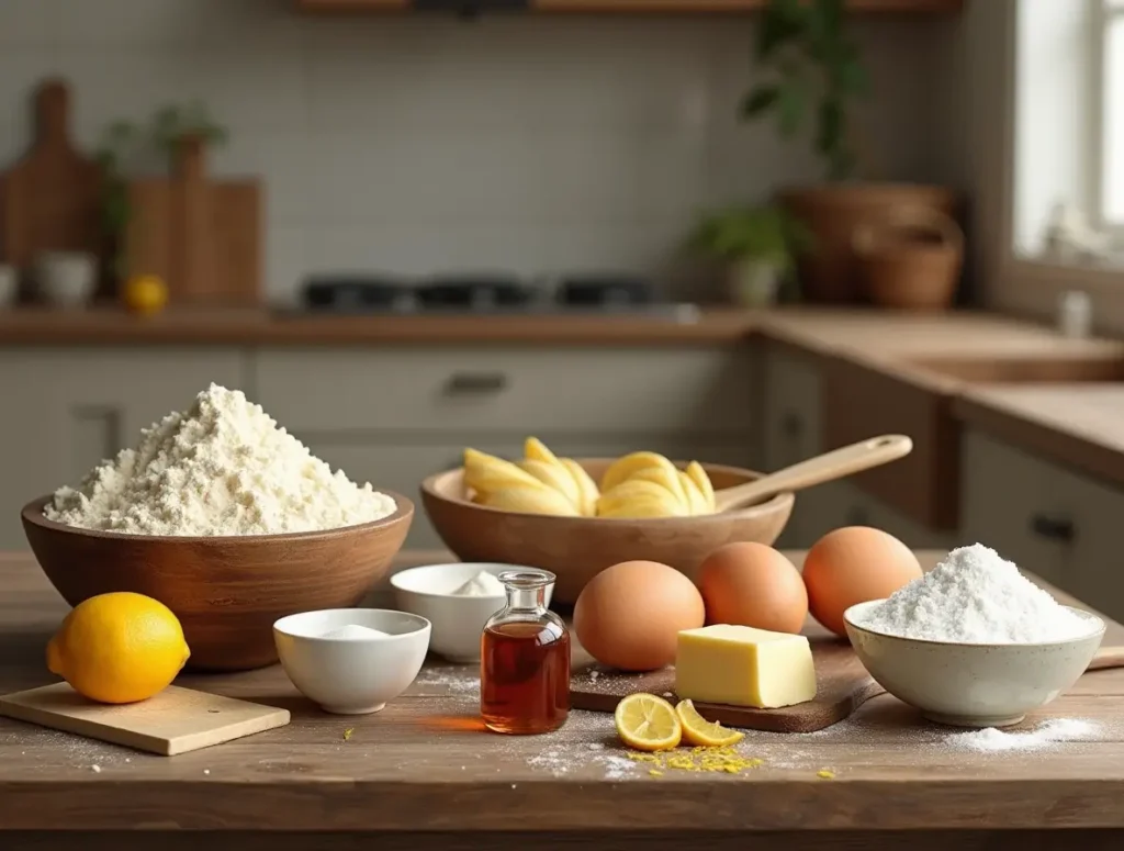 Ingredients for madeleine cookie recipe: flour, sugar, eggs, butter, vanilla extract, lemon zest, baking powder, and powdered sugar