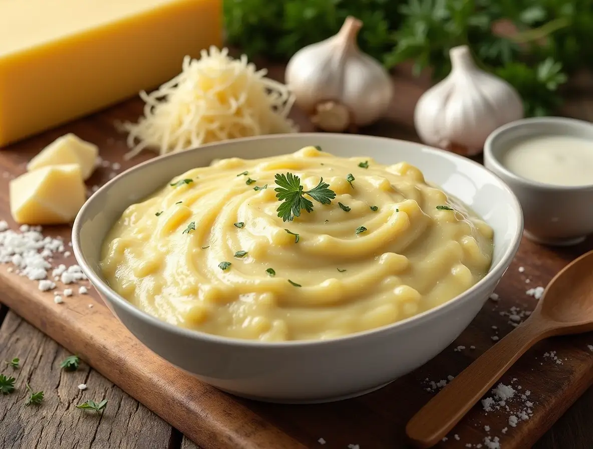 Fresh ingredients for Parmesan Sauce including grated Parmesan cheese, butter, garlic, and cream.