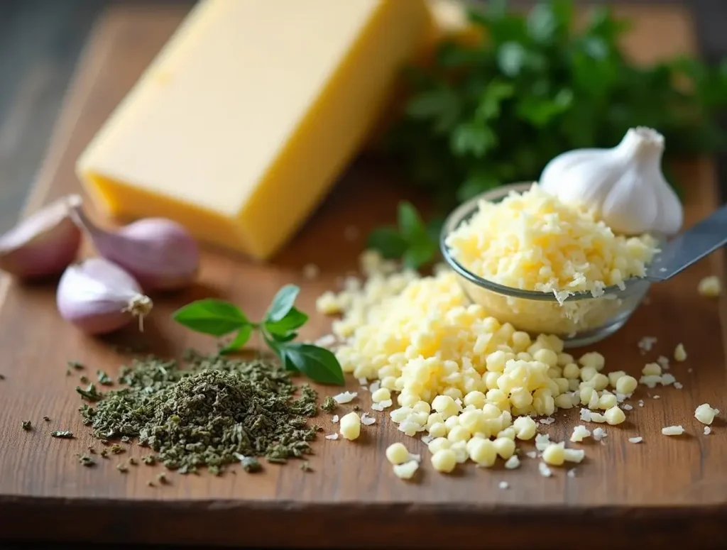 Fresh ingredients for garlic parmesan cheese including garlic cloves, parmesan cheese, butter, and herbs