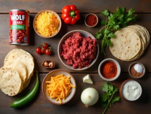 Ingredients for Wolf Brand Chili Enchiladas including Wolf Brand Chili, ground beef, shredded cheese, tortillas, and spices