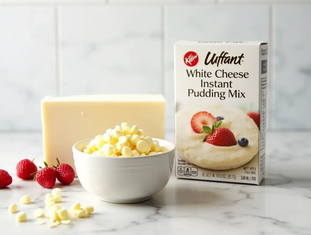 Ingredients for easy cream cheese and white chocolate pudding dessert: cream cheese, white chocolate instant pudding mix, and white chocolate chips