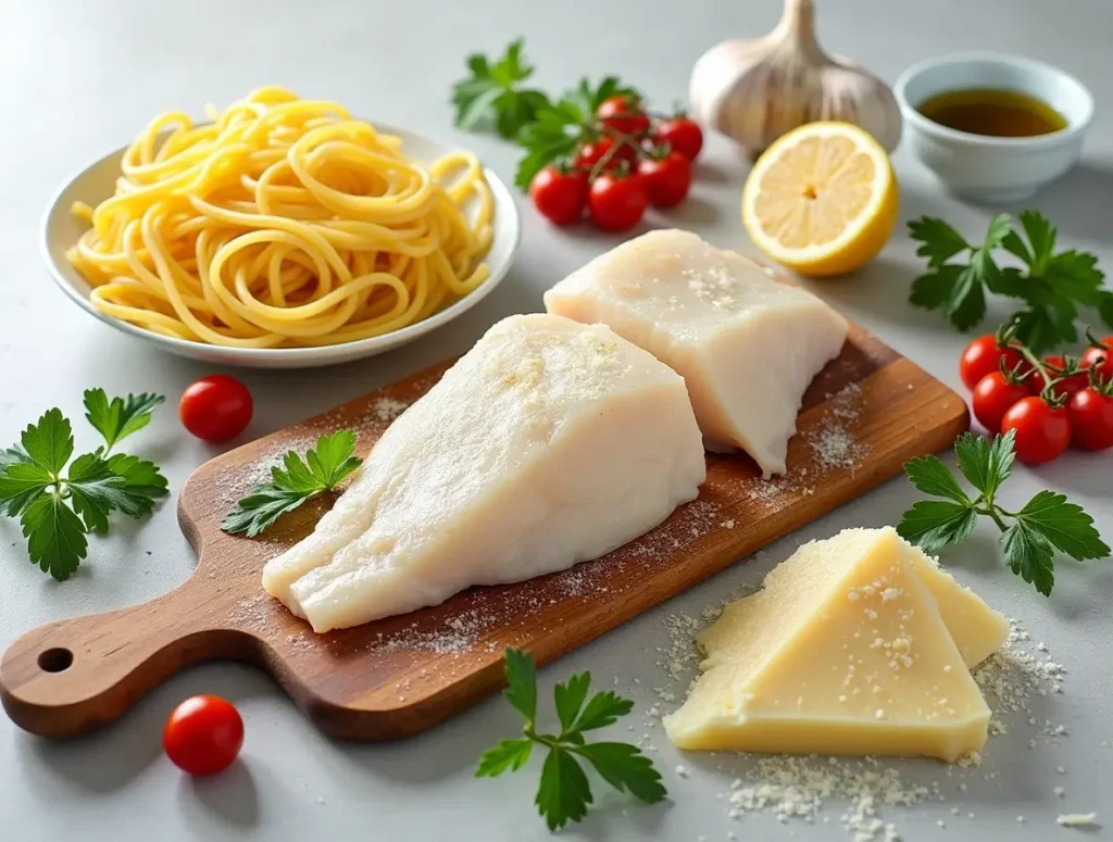 Ingredients for halibut and pasta recipe including halibut fillets, pasta, garlic, lemon, olive oil, and fresh herbs