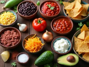 Fresh ingredients for taco soup recipe including ground beef, beans, tomatoes, cheese, and taco seasoning