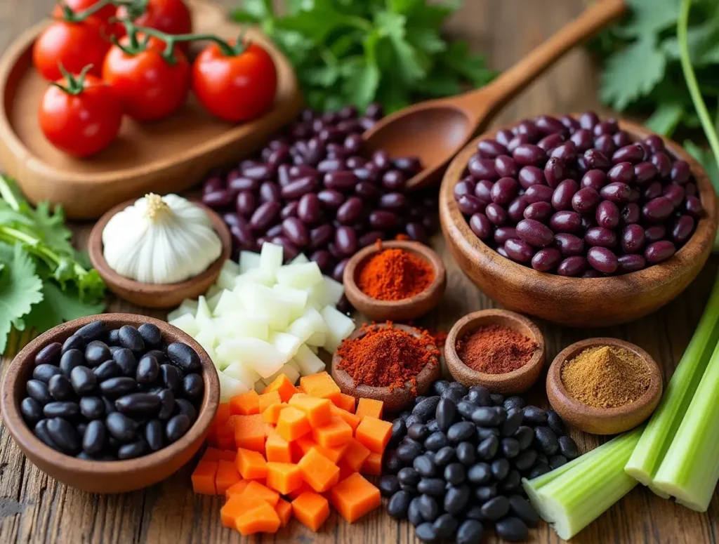 Fresh ingredients for purple black bean soup including beans, vegetables, and spices.