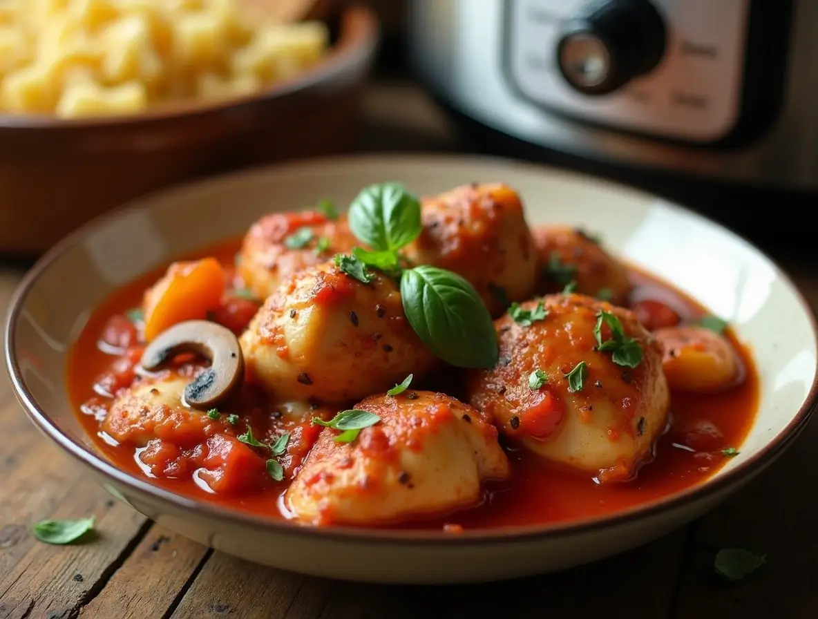 Delicious Crockpot Chicken Cacciatore served with pasta and fresh herbs