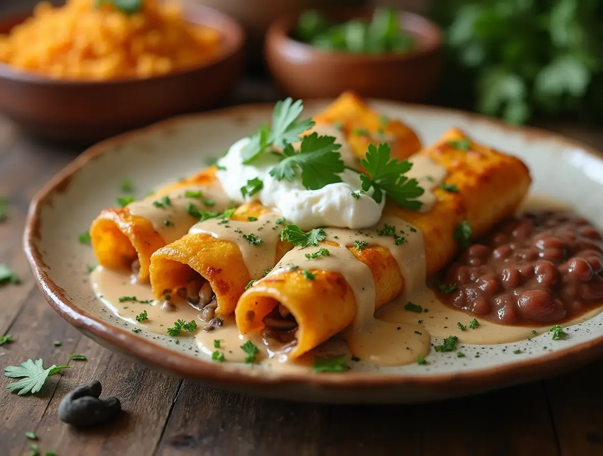 Cream of mushroom enchiladas served with rice and beans.