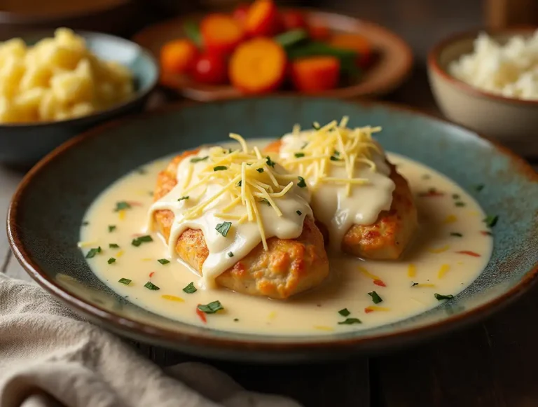 Slow Cooker Angel Chicken served with creamy sauce, mashed potatoes, and roasted vegetables