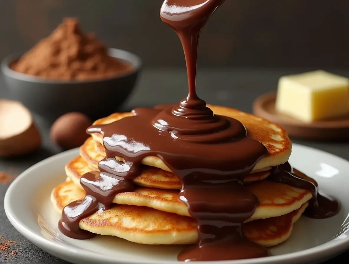 Homemade chocolate sauce poured over pancakes