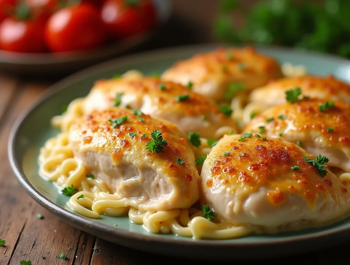 Finished angel chicken casserole with creamy sauce, golden cheese, and fresh parsley garnish