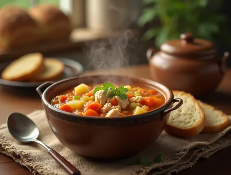 A bowl of hearty and comforting busy day soup with vegetables and chicken, served with crusty bread.