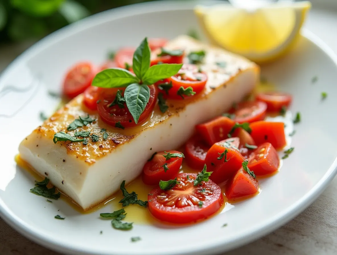 Halibut with tomatoes, topped with fresh basil and lemon slices