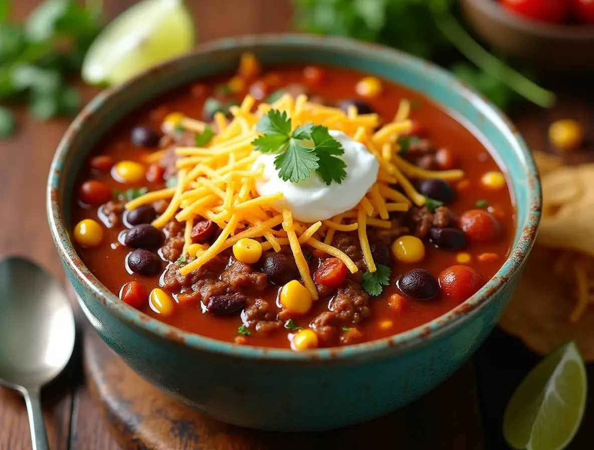 Bowl of delicious taco soup with toppings like shredded cheddar cheese, sour cream, and tortilla chips