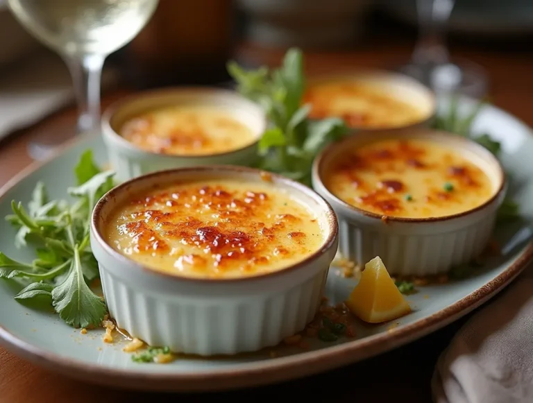 Delicious crab brulee recipe with golden caramelized sugar crust in ramekins