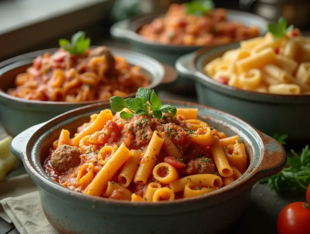 Delicious Pasta Slow Cooker Recipes with creamy sauce and meatballs