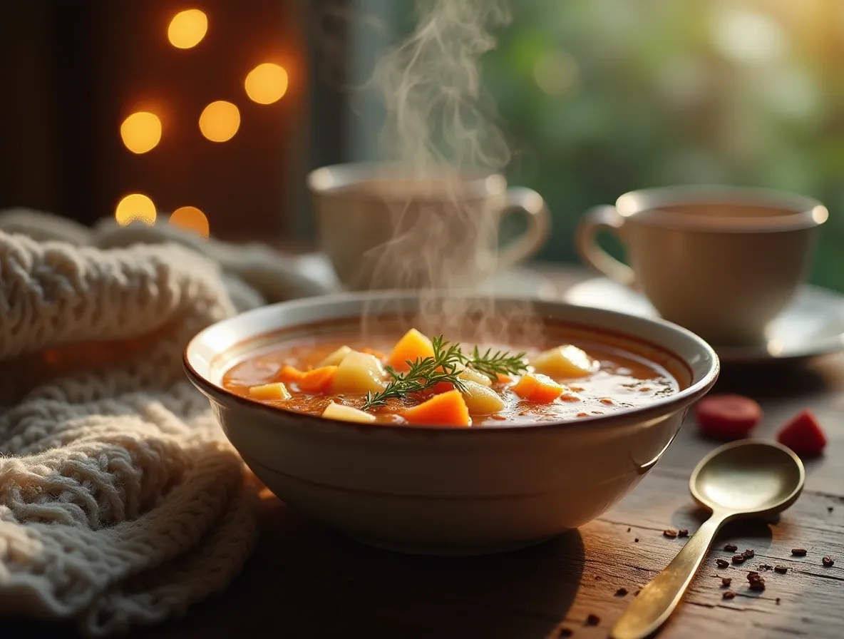 A cozy bowl of lazy day soup with carrots, celery, and herbs