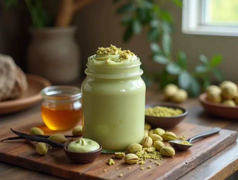 Delicious pistachio cream recipe spread in a jar