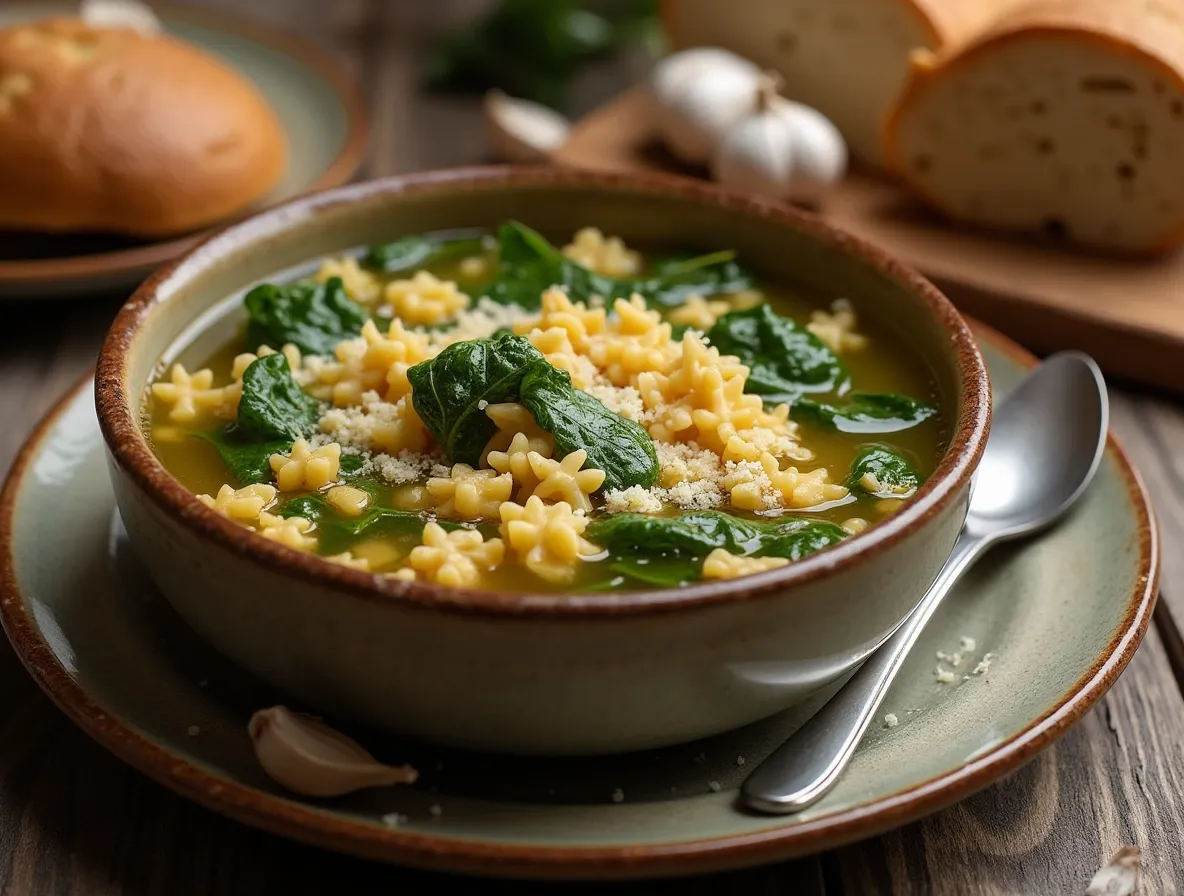 Bowl of creamy pastina soup with parmesan and spinach.