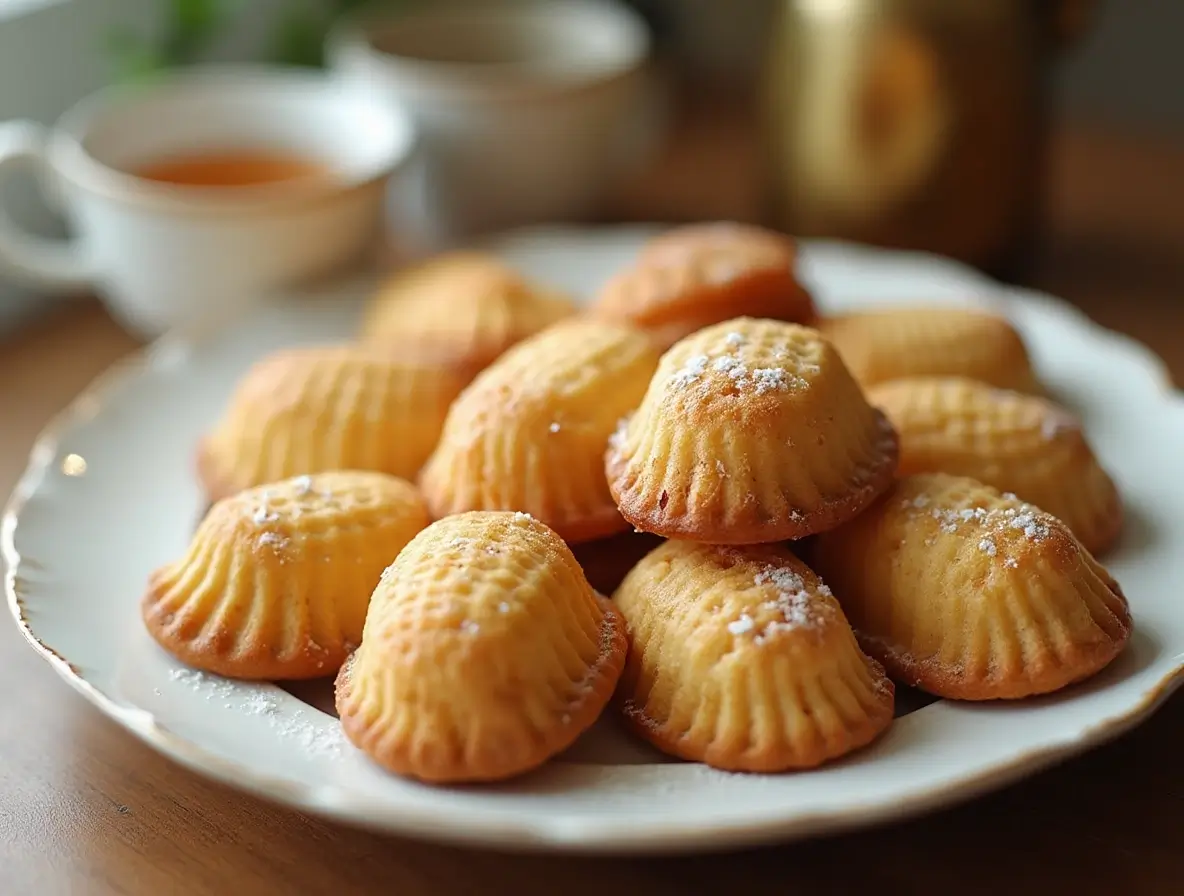 Freshly baked madeleine cookies on a white plate with powdered sugar