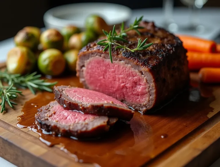 Perfectly cooked Ribeye Roast Recipe with roasted vegetables and herbs