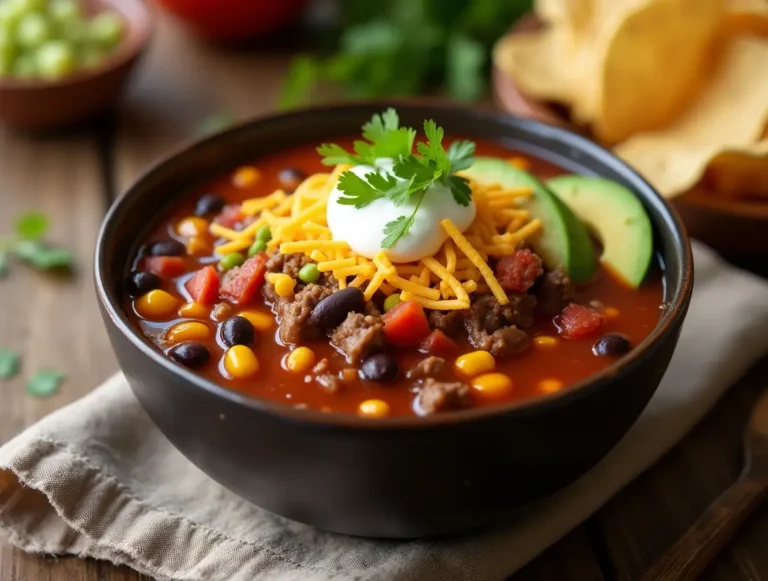 Bowl of taco soup with ground beef, topped with cheese, sour cream, avocado, and cilantro