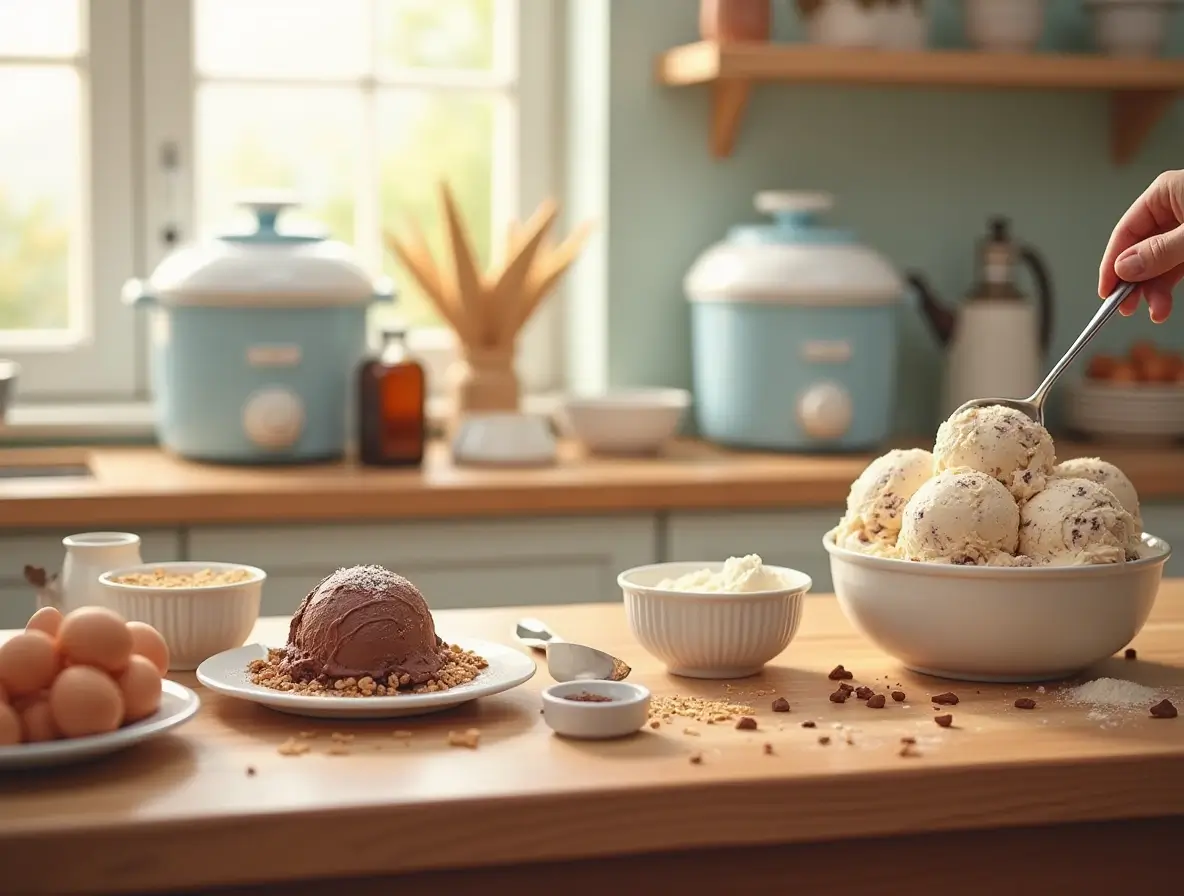 A bowl of freshly made homemade ice cream with ingredients and kitchen tools