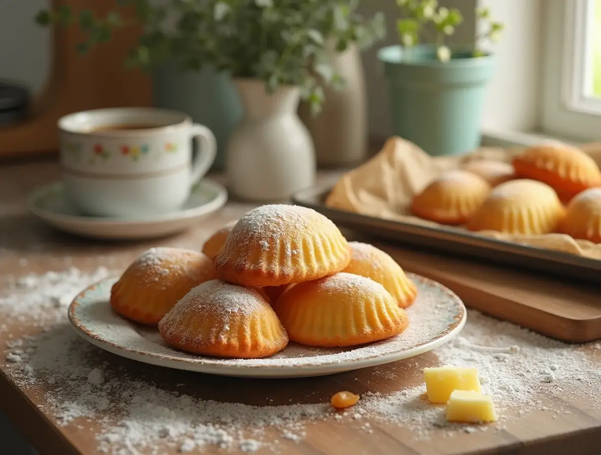 Freshly baked golden madeleines on a plate with a cup of tea.