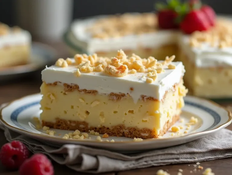 A slice of delicious White Chocolate Lasagna with creamy layers and a golden Oreo crust