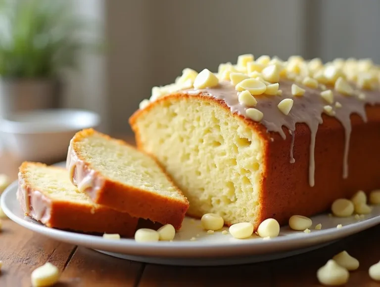 Deliciously moist white chocolate pound cake with white chocolate glaze and shavings